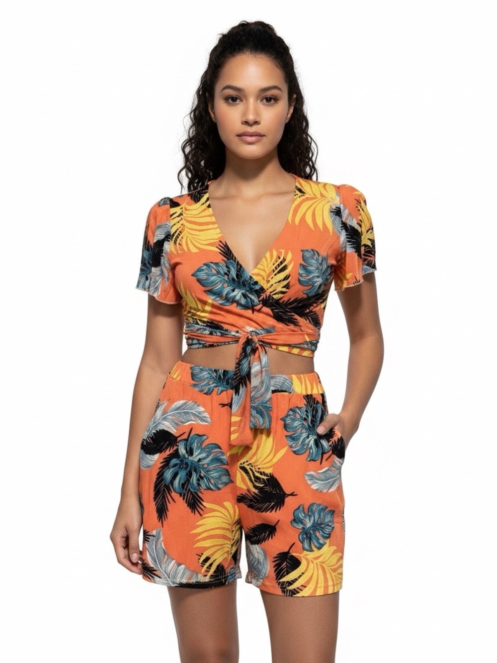 High-Waist Tropical Print Women's Shorts - Orange